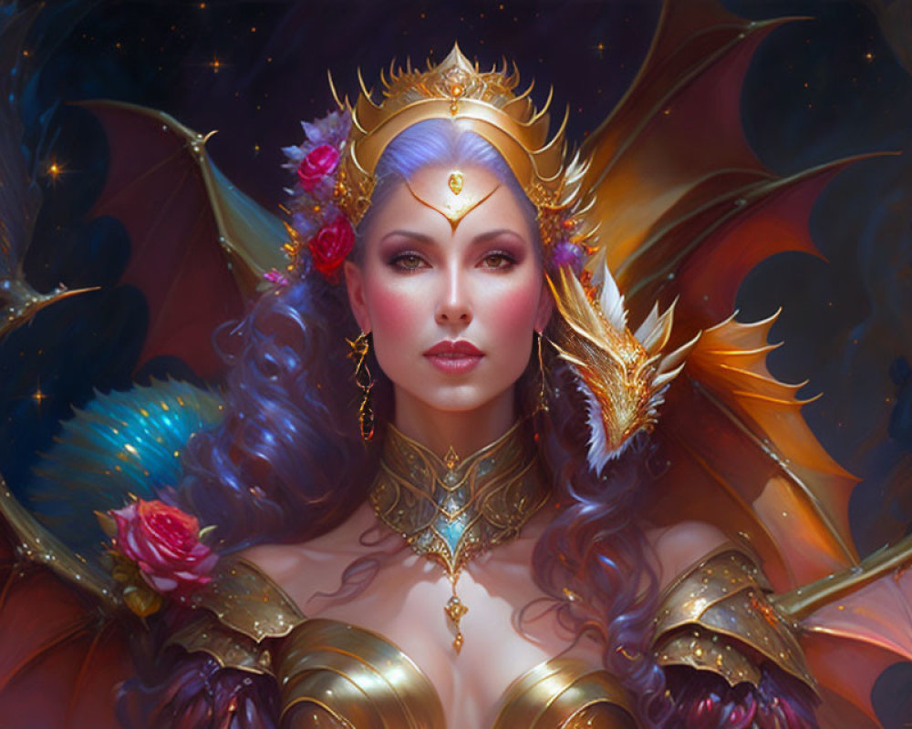 Regal fantasy figure with blue-purple hair, golden crown, ornate armor, and dark angelic
