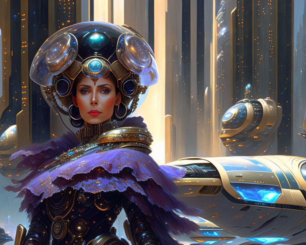 Regal woman in futuristic golden helm with hovering spheres and columns.