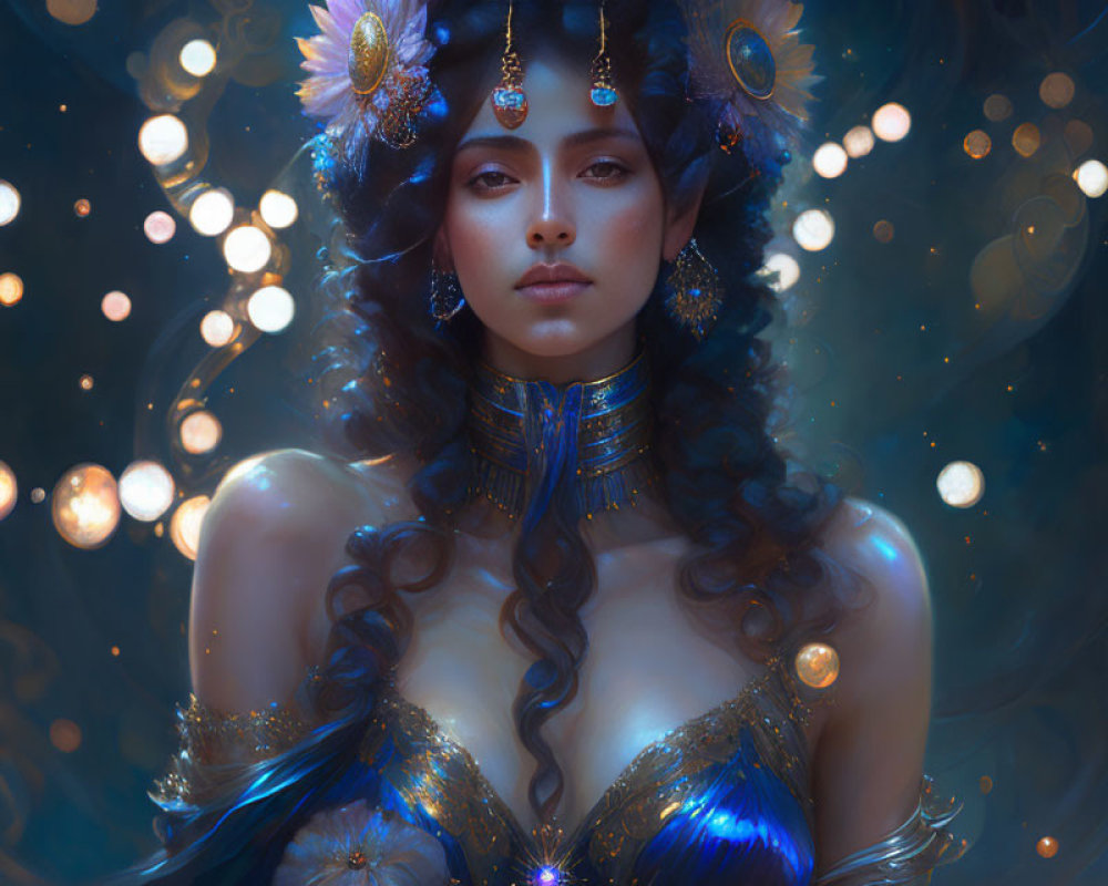 Ornate headdress woman in shimmering attire with glowing lights