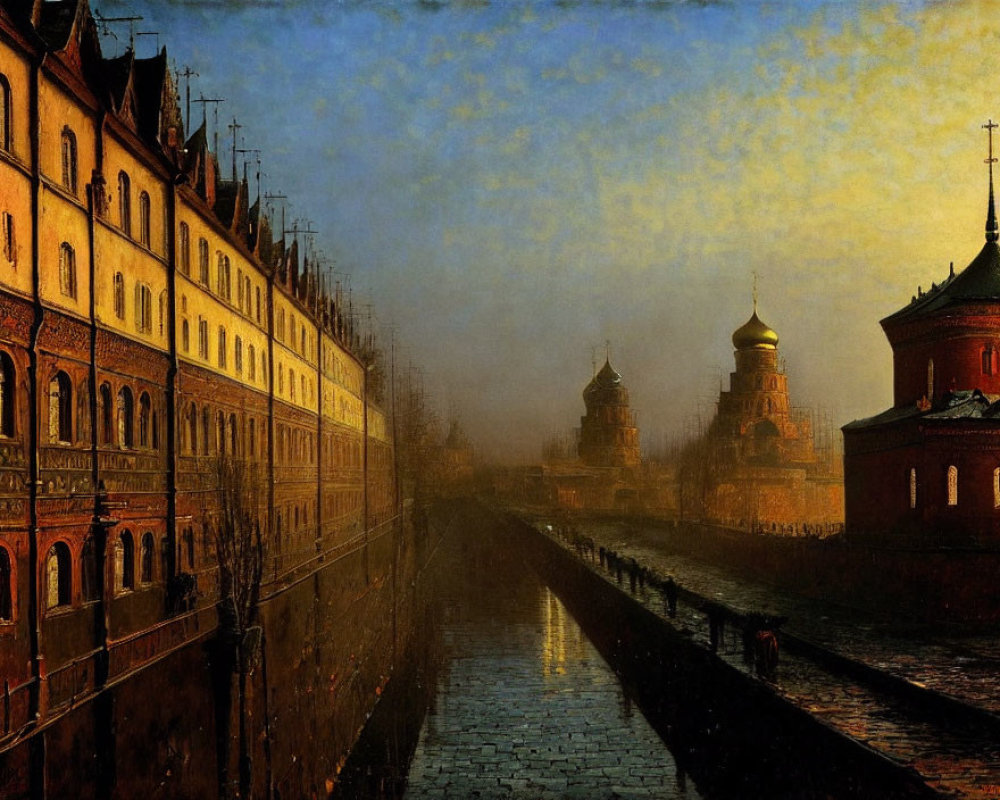 Atmospheric painting: Cobblestone street, old buildings, domed structure, dusky sky