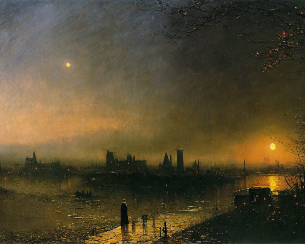 Silhouetted buildings and figures by river at dusk against orange sky