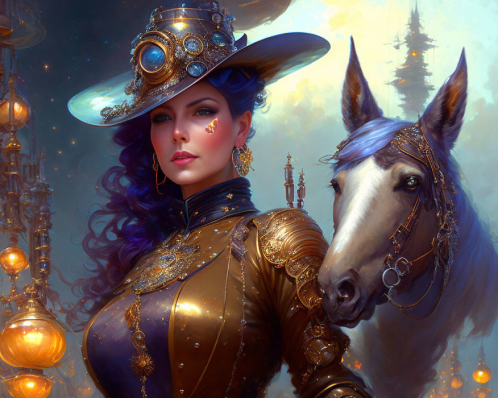 Steampunk-themed woman with mechanized hat and horse in front of glowing towers