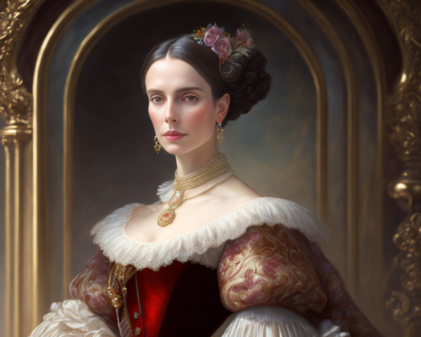 Portrait of woman in historical attire with high-necked white blouse, red corset, and gold jewelry