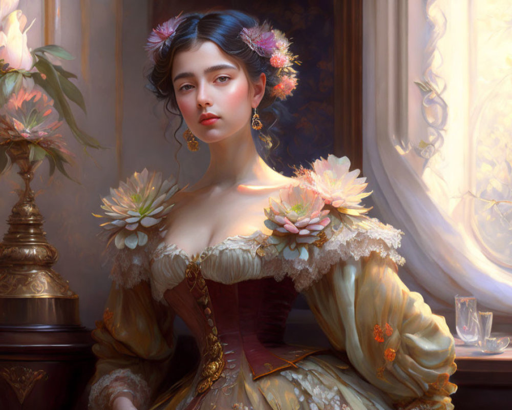 Historical dress portrait of wistful woman with floral adornments by window