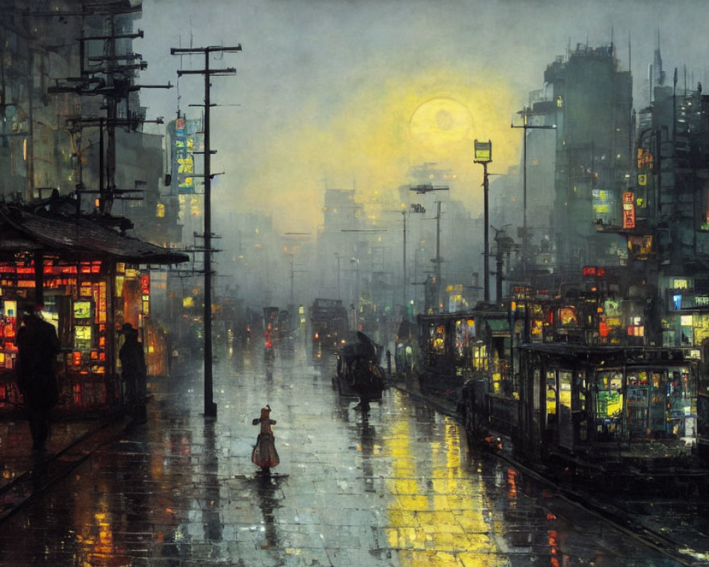 Person with umbrella walking on rain-soaked street at night