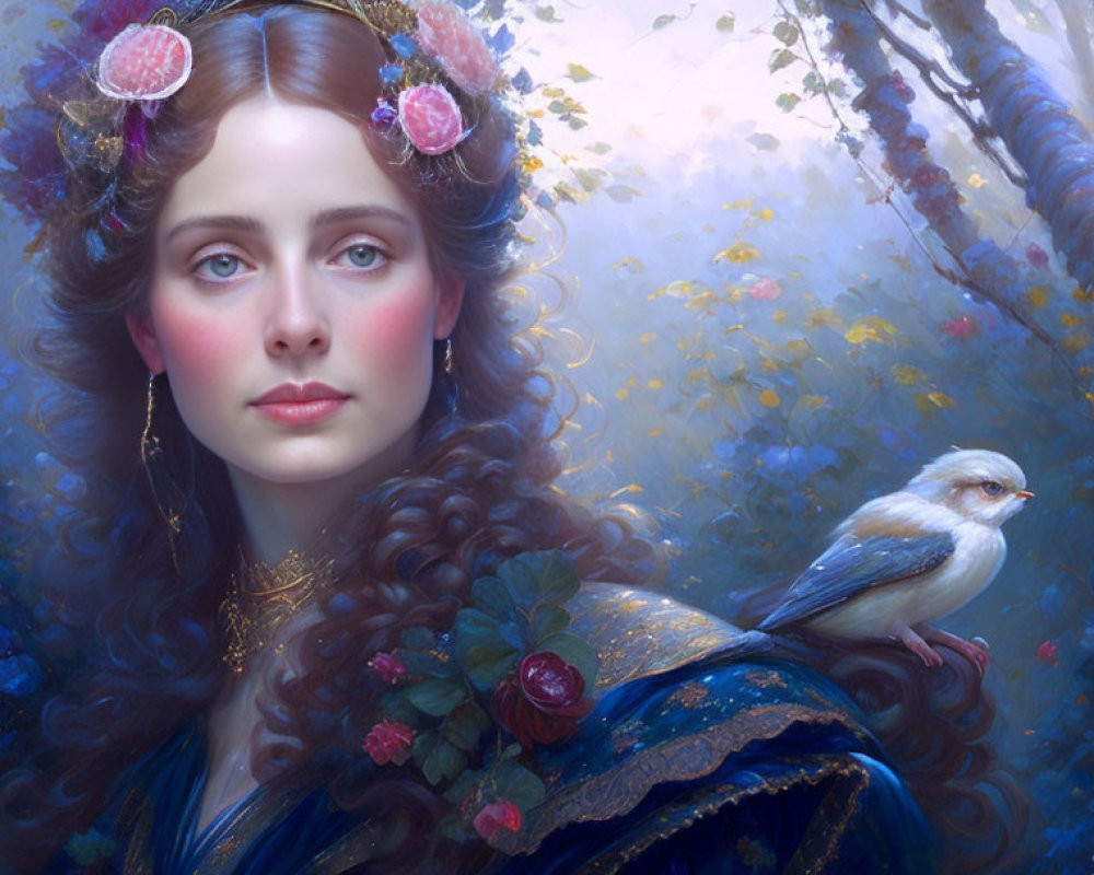 Woman with flowers in hair and bird in floral landscape