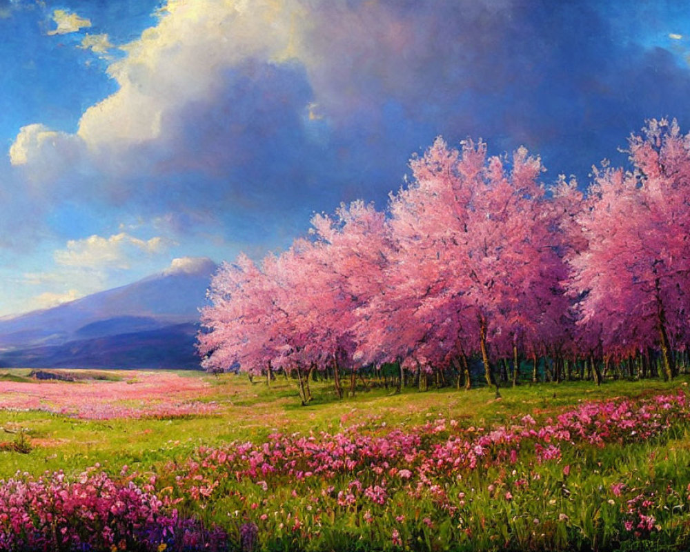 Colorful landscape painting: pink flowers, cherry trees, blue sky