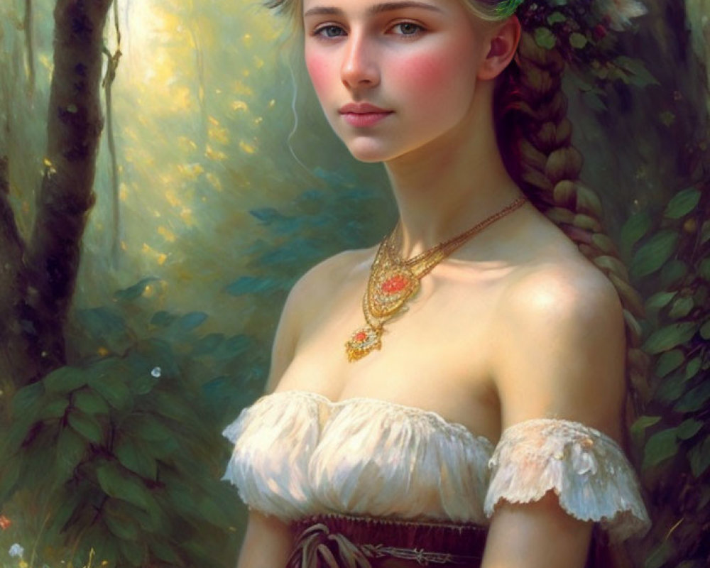 Young woman in floral crown and braided hair, in off-shoulder dress, forest backdrop
