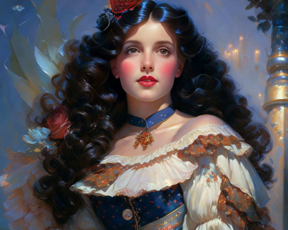 Portrait of a Woman with Curly Black Hair and Red Lips in White and Blue Dress