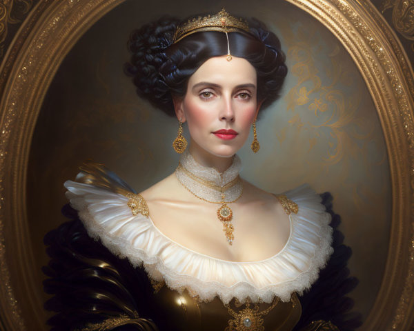 Portrait: Woman in 19th-Century Aristocrat Attire with Gold Jewelry