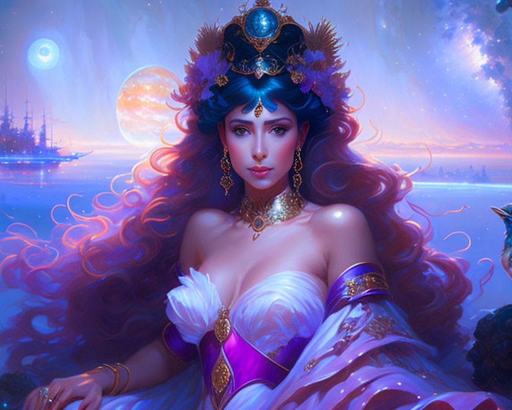 Fantasy-themed illustration of a woman with bird in magical seascape
