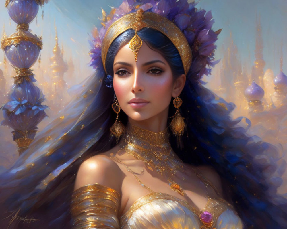 Illustrated woman with blue eyes, dark hair, golden crown, and jewels in fantasy setting
