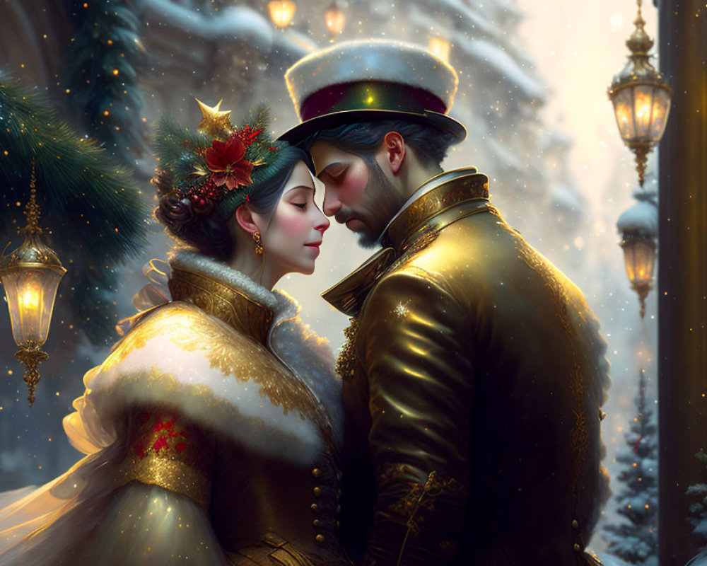 Victorian couple in romantic snowy evening scene