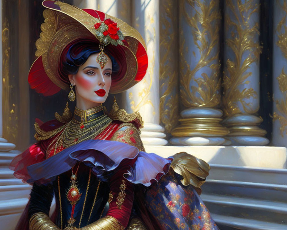 Regal woman in red and gold outfit with ornate hat in front of golden columns
