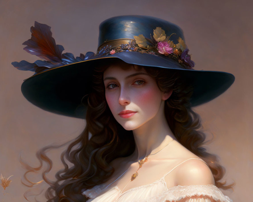 Woman with flowing brown hair and blue flower-adorned hat in digital painting