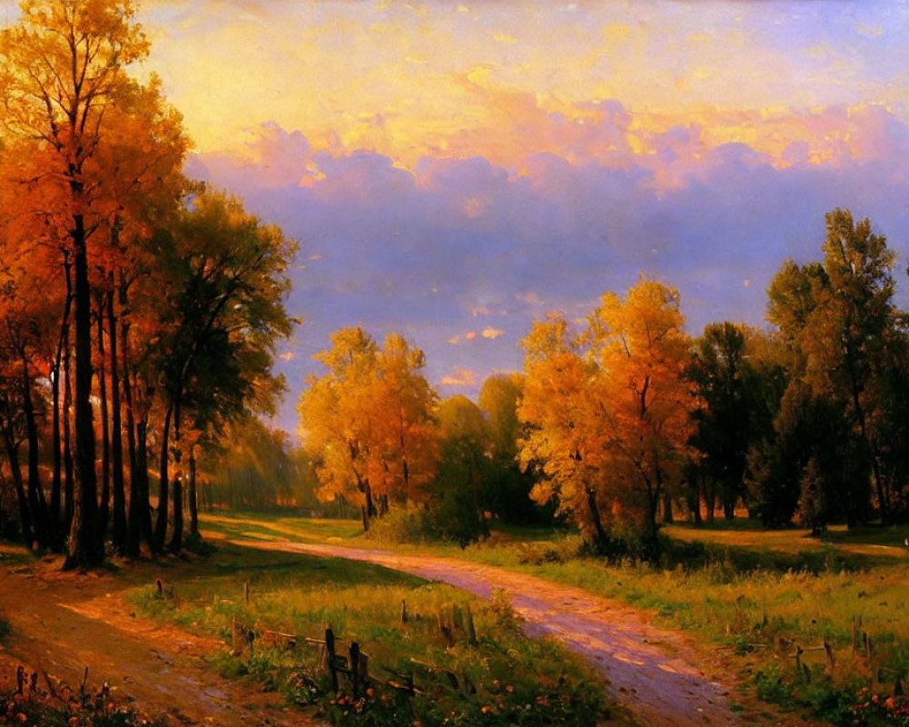 Autumn landscape with golden foliage, winding path, and serene sunset light
