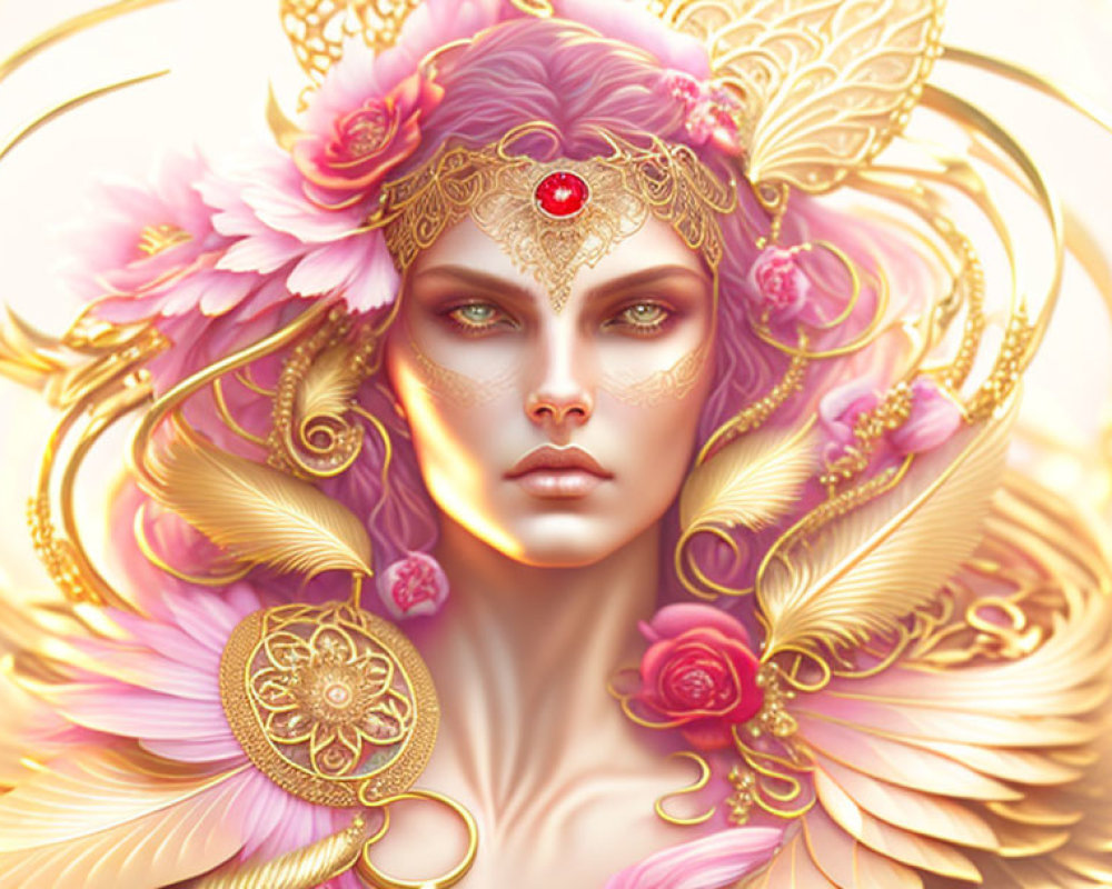 Illustration of woman with golden headpieces, pink flowers, and red gem on soft pink background
