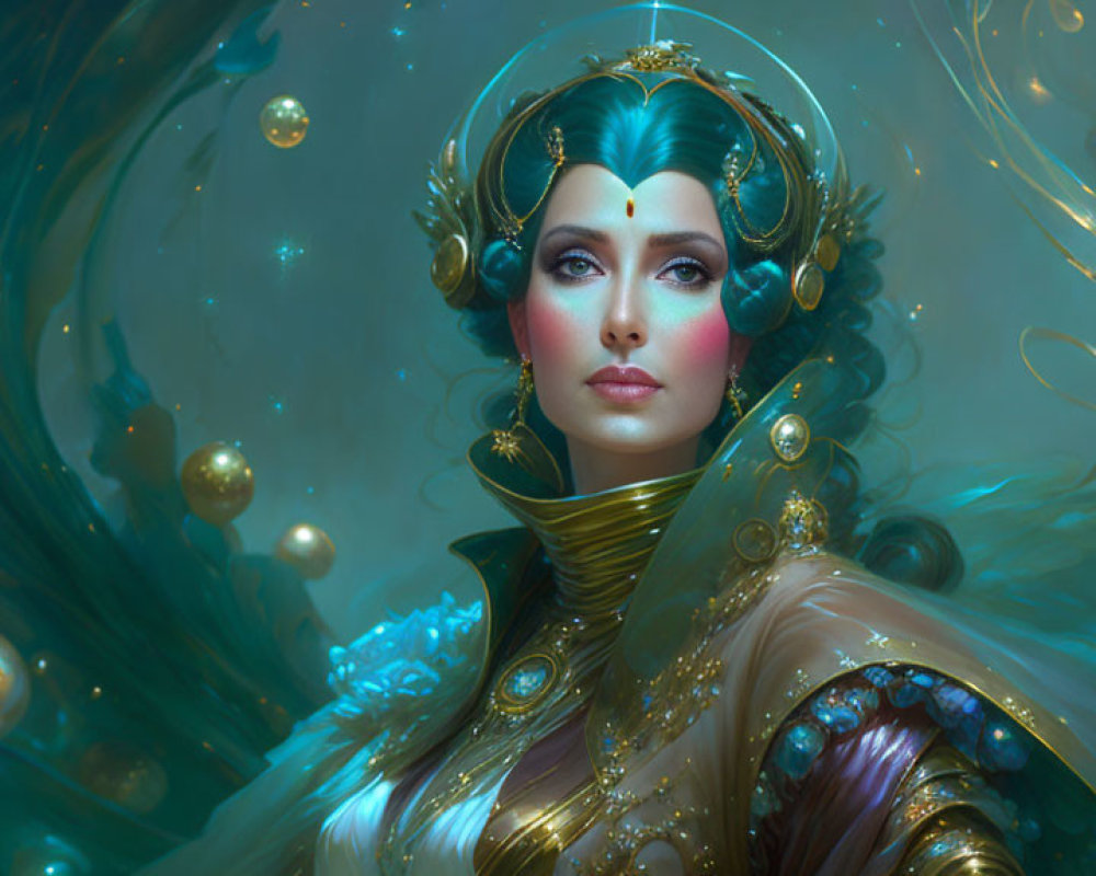 Fantasy portrait of woman with green hair, golden headpiece, blue attire, golden orbs, and