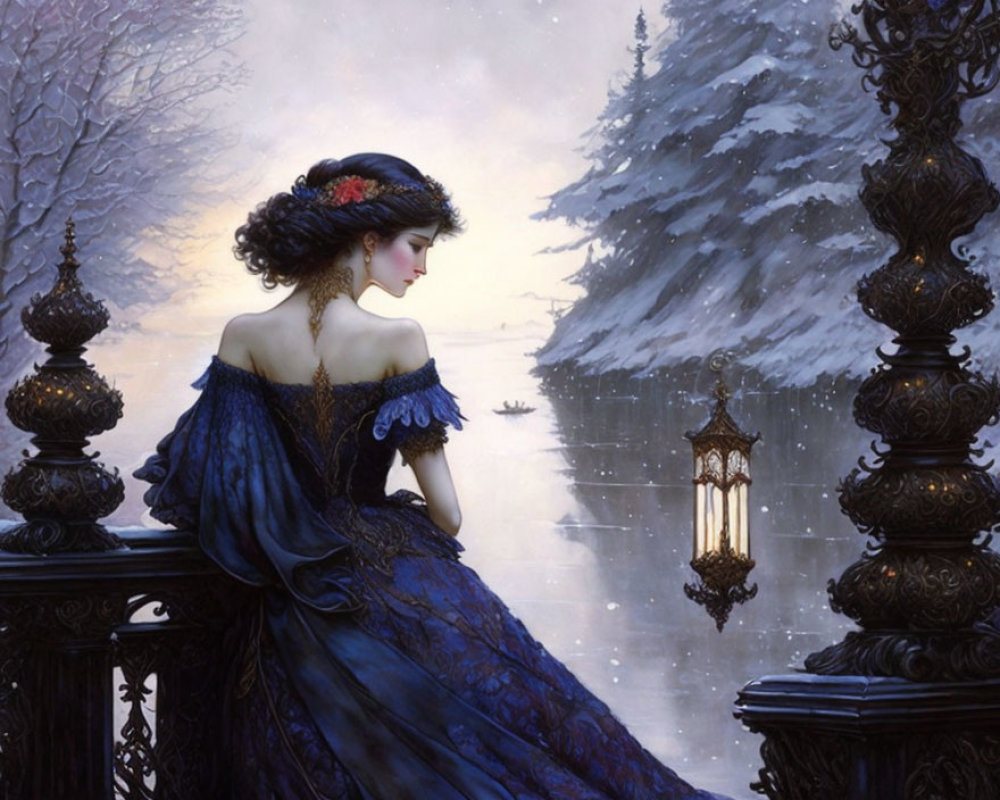 Woman in Blue Gown Leaning on Balcony in Snowy Landscape