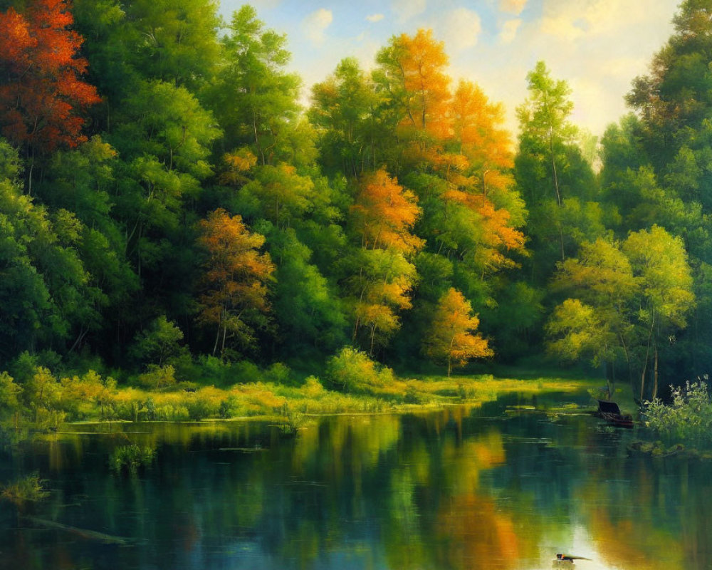 Autumn trees reflected in serene lake with boat among foliage