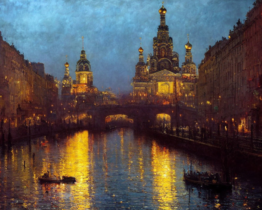 City river at twilight: buildings, church, boats in golden hues
