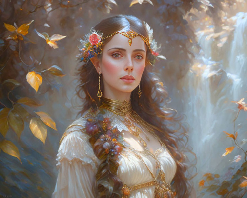 Fantasy-themed portrait of a woman in floral crown and ornate jewelry in mystical forest.