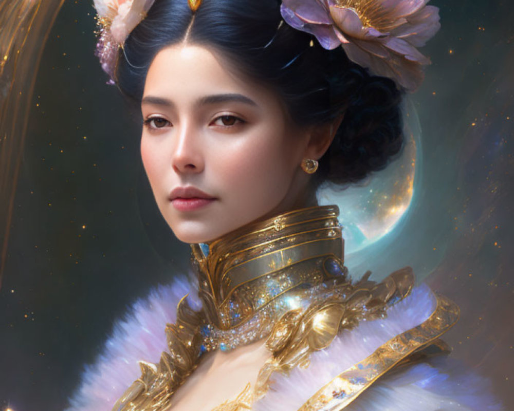 Regal woman with golden crown and jewelry among pink flowers and moon.