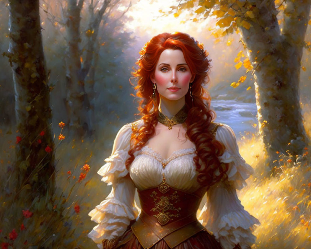 Digital painting of woman with red hair in white & gold dress in sunlit forest glade.