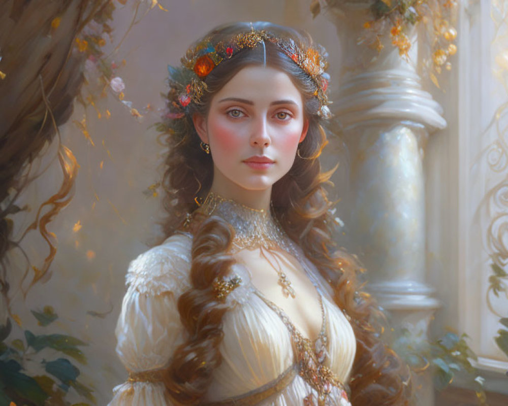 Elegant woman in vintage dress with golden jewelry and floral headpiece in soft-lit backdrop.