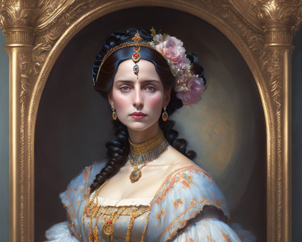 Woman in regal attire with gold headdress and jewelry in ornate frame