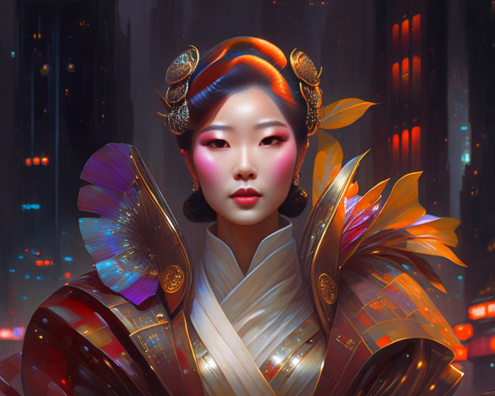 Digital artwork: Woman with intricate hairstyle in futuristic attire against neon cityscape