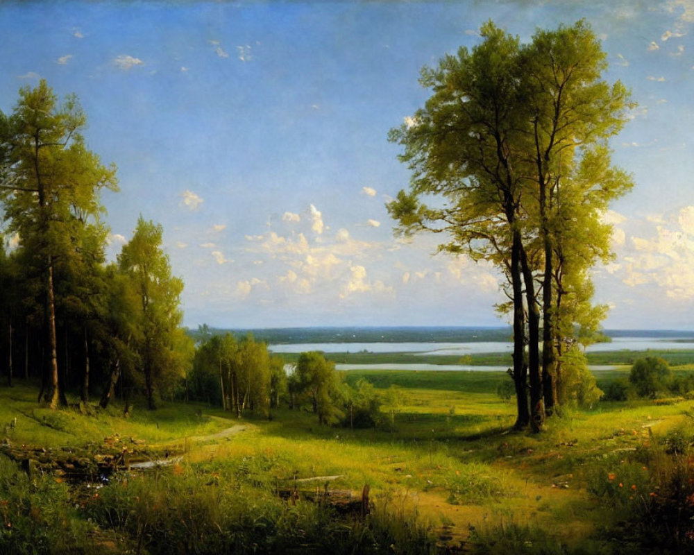 Tranquil landscape painting: green fields, blue sky, tall trees, distant lake