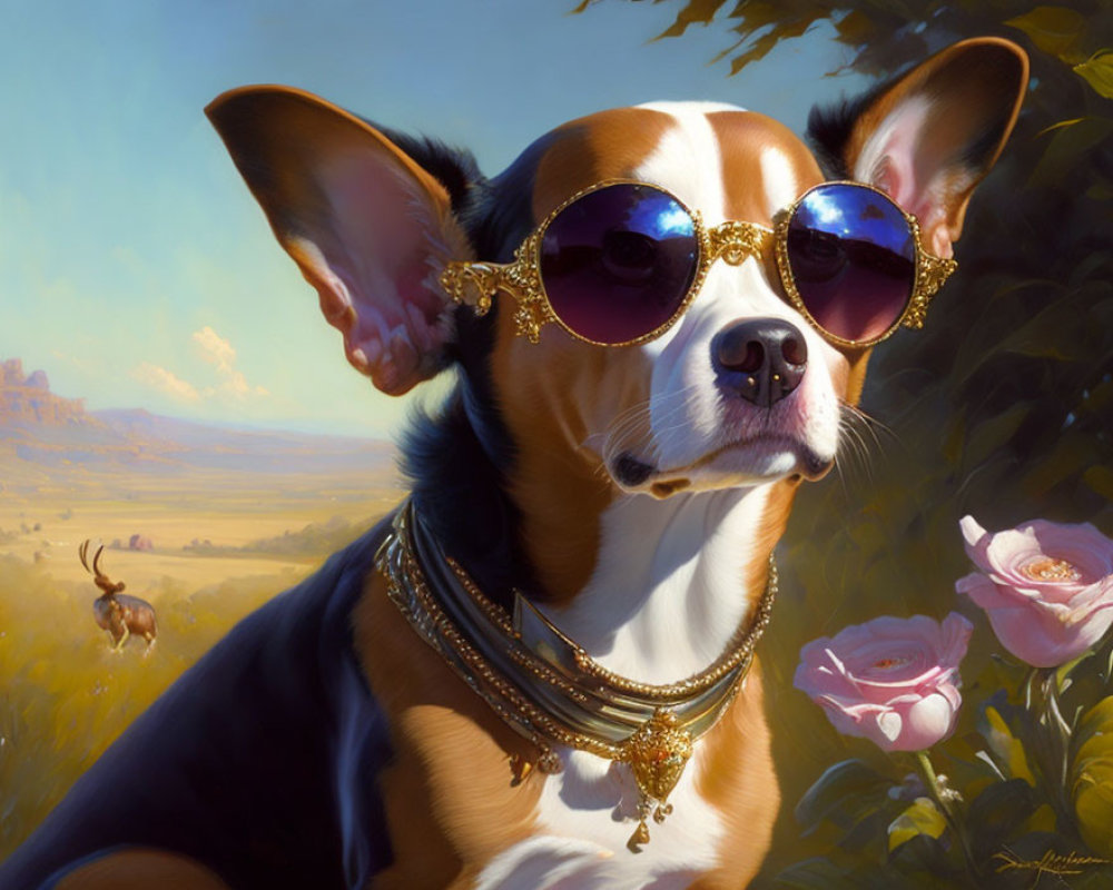 Stylish dog in sunglasses and gold jewelry with whimsical landscape and tiny giraffe