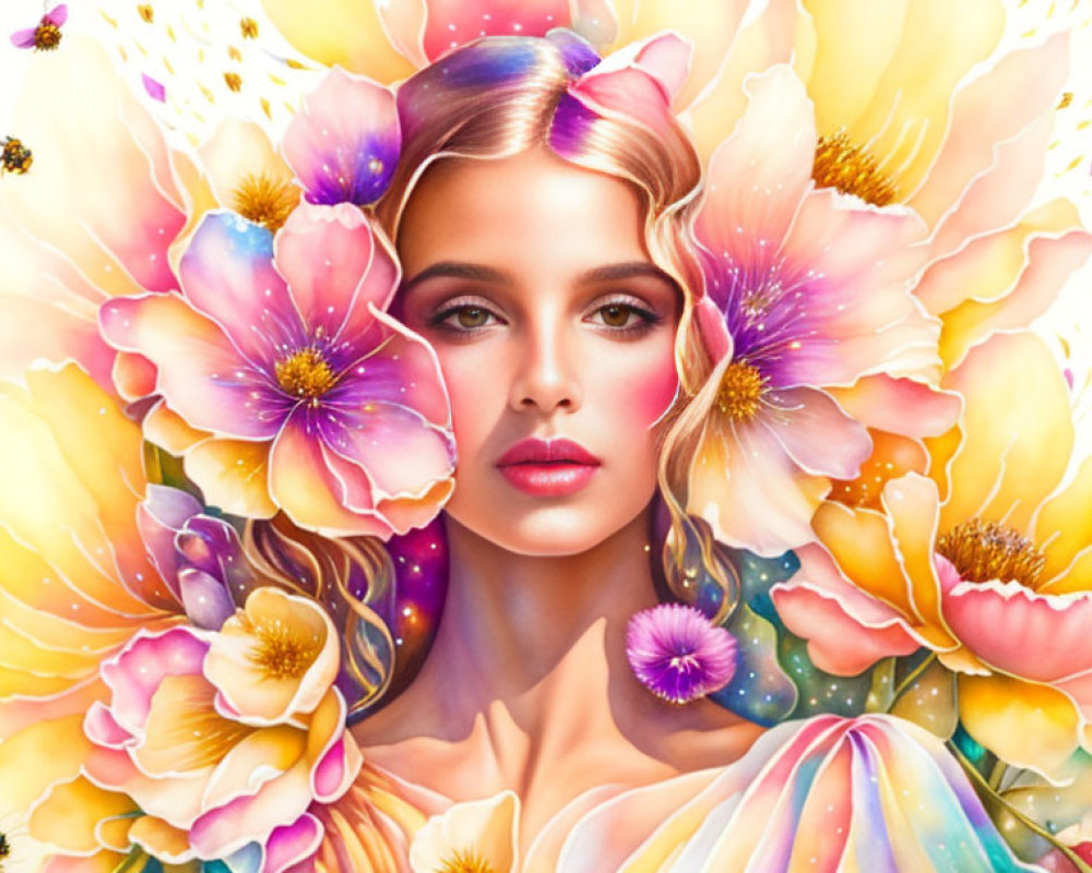 Vibrant woman's face in floral fantasy scene