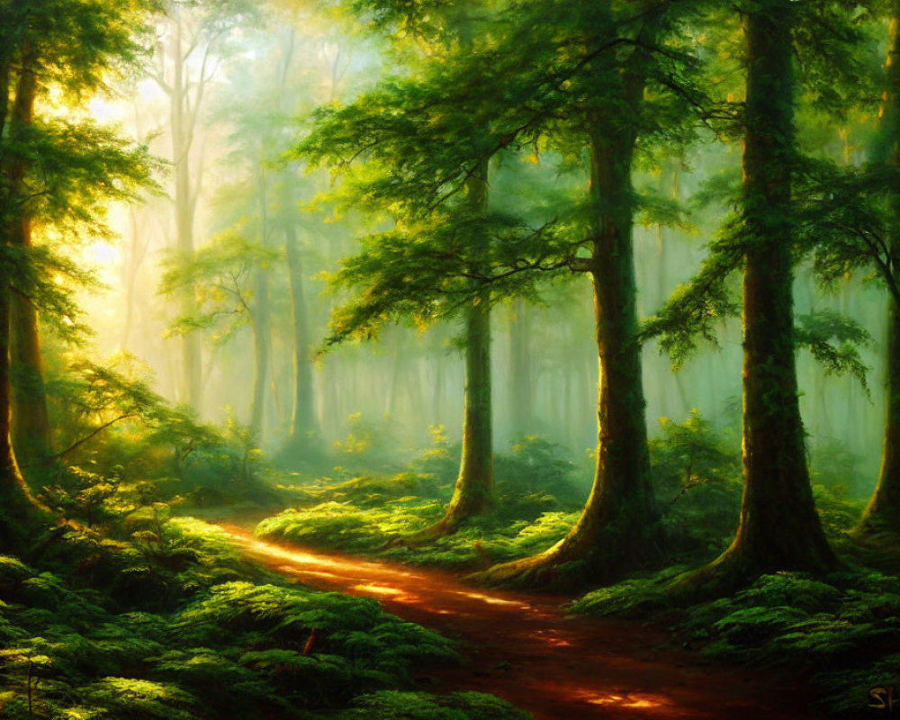 Tranquil Forest Scene with Tall Green Trees and Sunlight Filtering Through Mist
