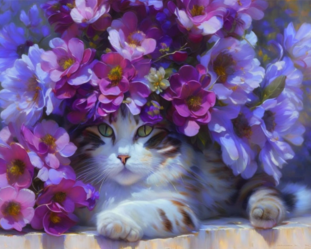Cat with Purple and Pink Flower Crown in Colorful Floral Setting