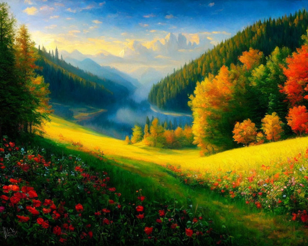 Colorful autumn forest, blooming meadow, misty mountains landscape.