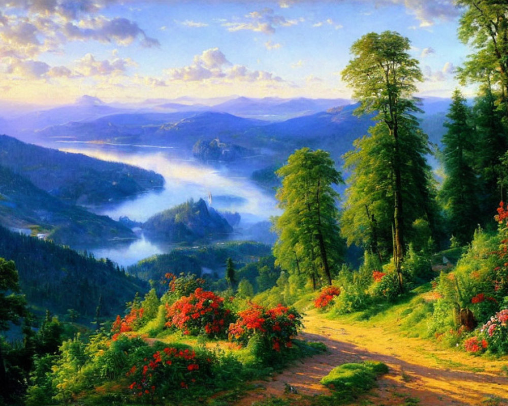 Serene lake, rolling hills, lush greenery, winding path, castle in mist