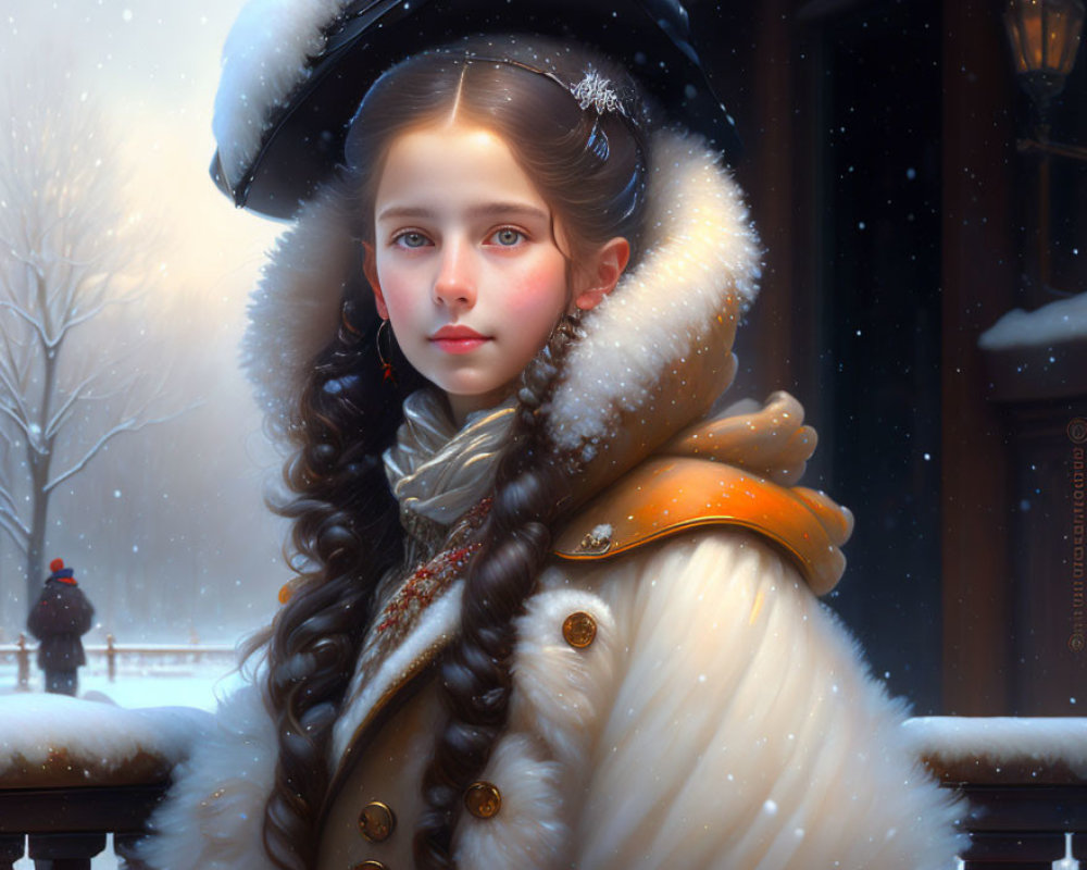 Young girl in fur-trimmed winter coat and braided hair gazes in snowy landscape