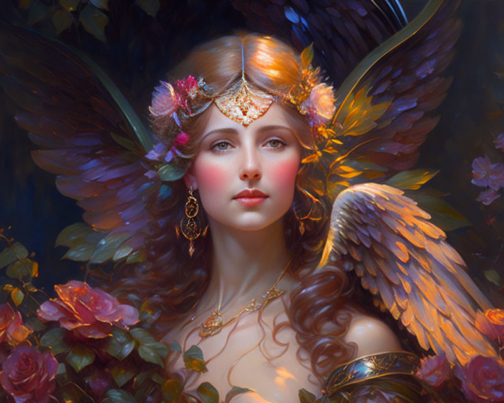Digital Art Portrait of Woman with Feathered Wings and Golden Adornments