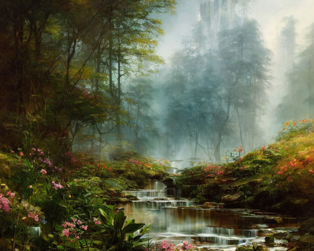 Misty forest scene with stream, flowers, and fog-covered trees
