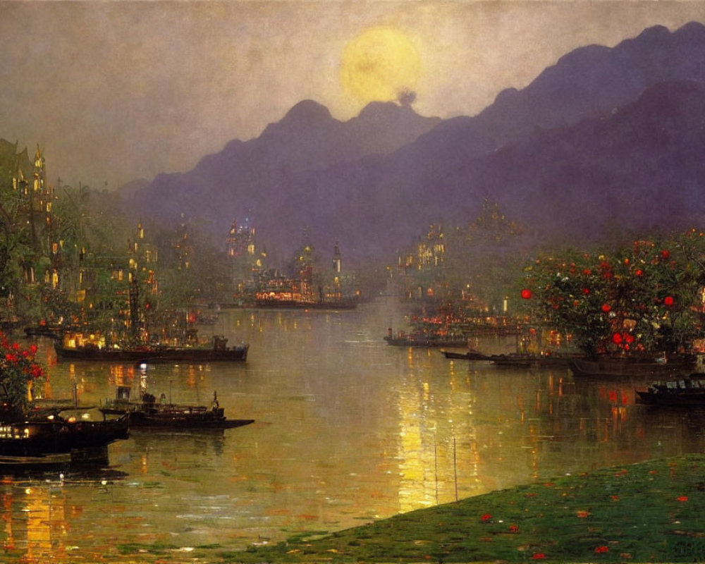 Moonlit river scene with boats, illuminated buildings, mountains, and sky reflections