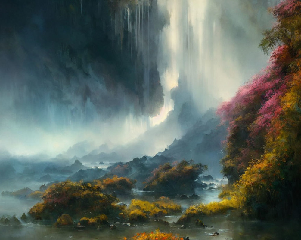 Majestic waterfall in autumn landscape with tranquil river