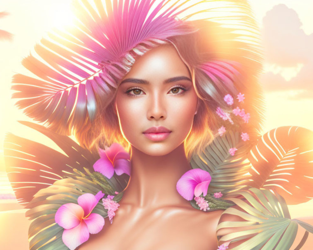 Vibrant tropical digital artwork: Woman with pink feathers and flowers under warm sunset sky
