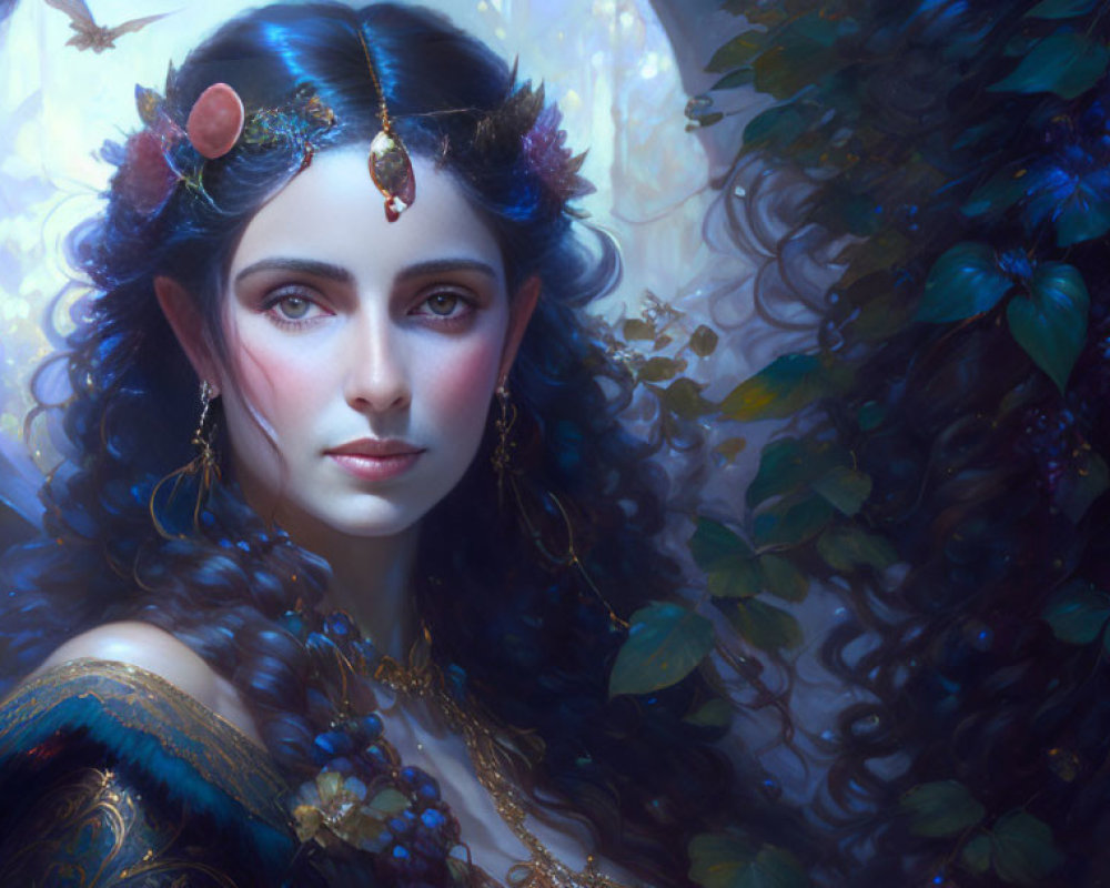 Fantasy portrait of woman with jeweled headdress and leafy elements