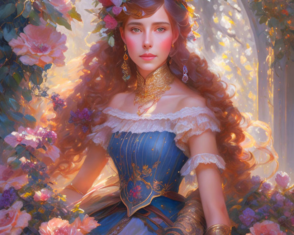 Digital artwork of woman in floral crown and blue dress with gold accents in dreamy setting