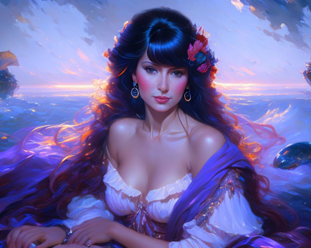 Illustrated woman with purple hair in white dress overlooking fantasy seascape