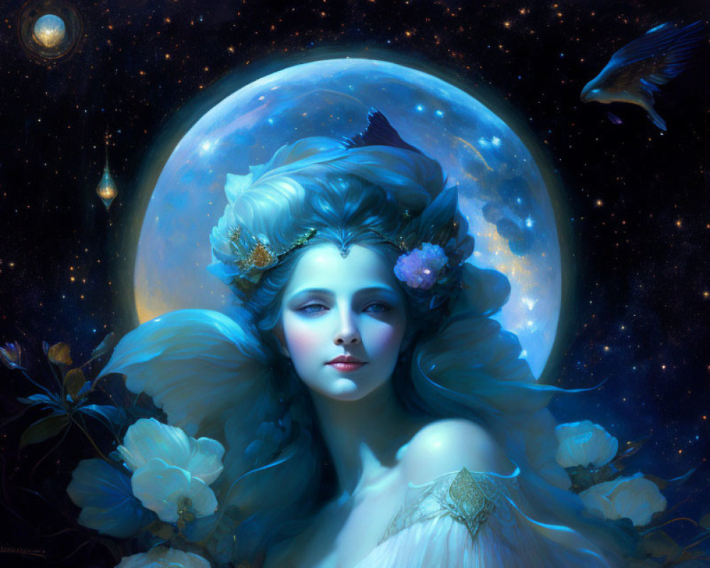 Fantastical portrait of woman with blue and white hues, flowers, moon, stars