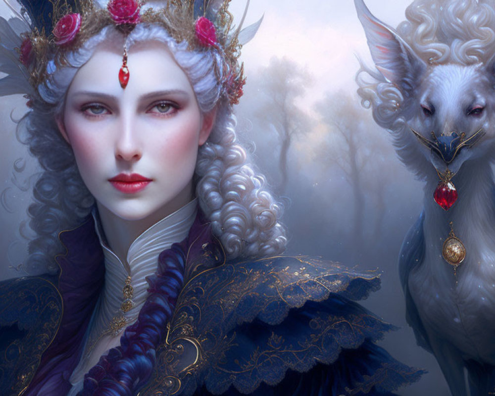 Regal woman in elaborate attire with mystical dragon-goat creature.