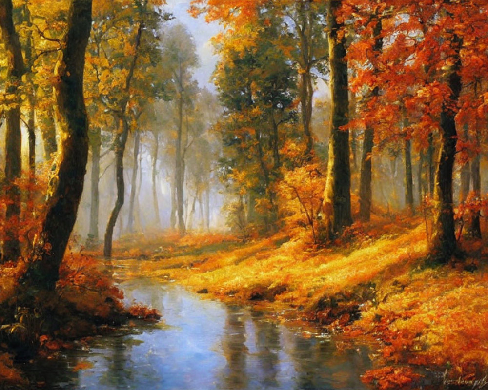 Tranquil autumn forest with meandering stream and red foliage
